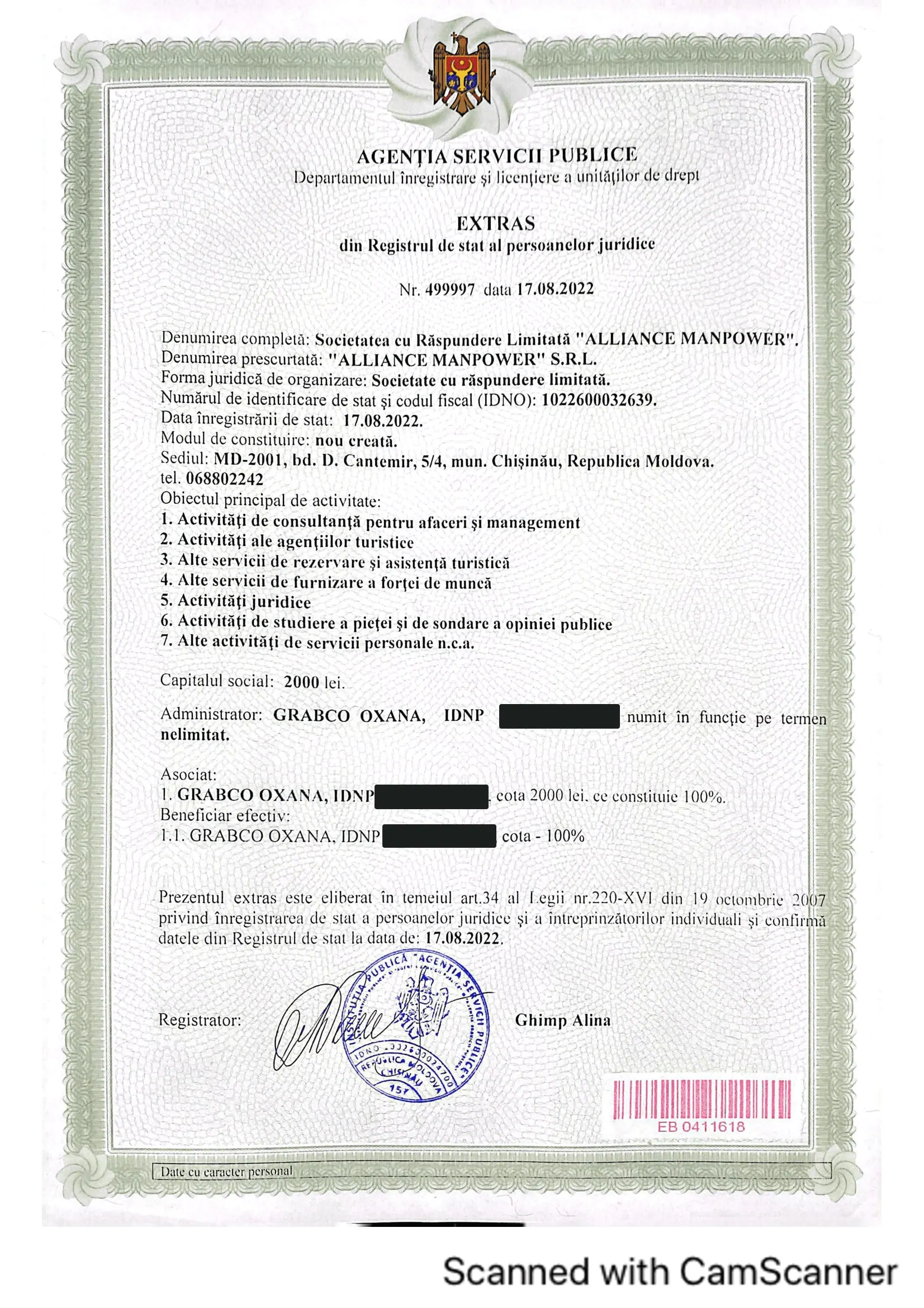 Extract from the State Register of legal entities